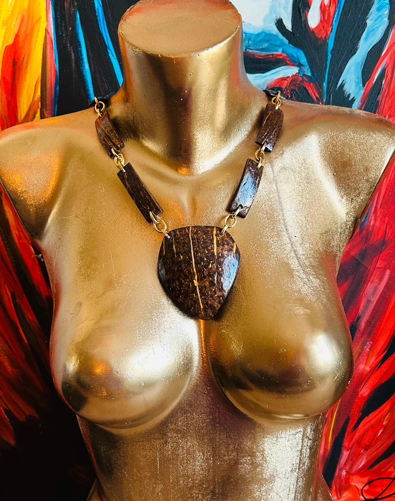 Vintage gesneden kokosnoot collier - etnische bohemien geest – photo 2